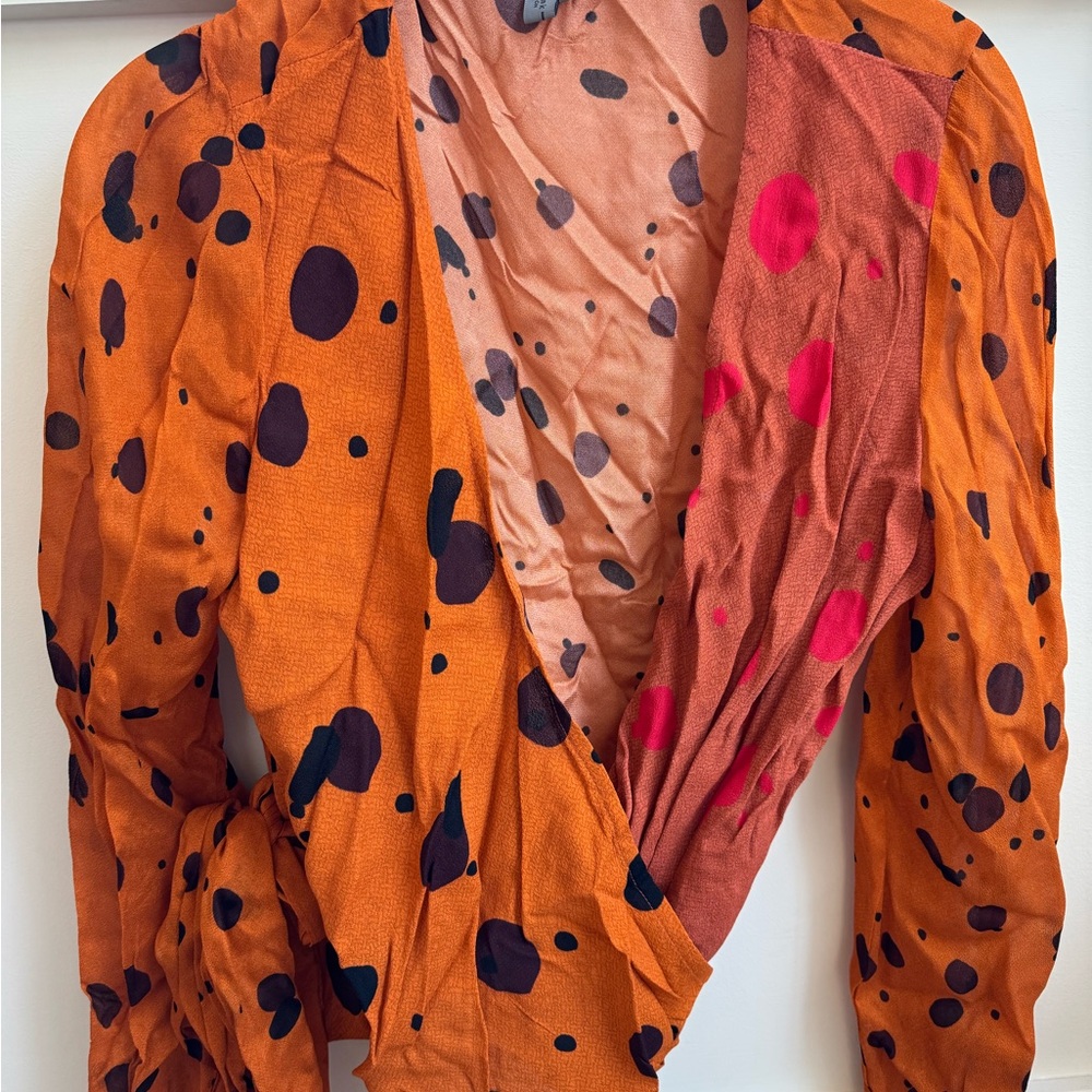 Blink London Orange and Black Polka Dot tie wrap blouse